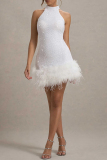 White Textured Sequin Evening Party Gown Sleeveless Zipper Feather Hemline Halter Bodycon Glitter Prom Mini Dress