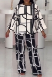 White Black Loose Abstarct Colorblock Print Round Neck Long Sleeve Tops and Straight Pants Two Pieces Sets