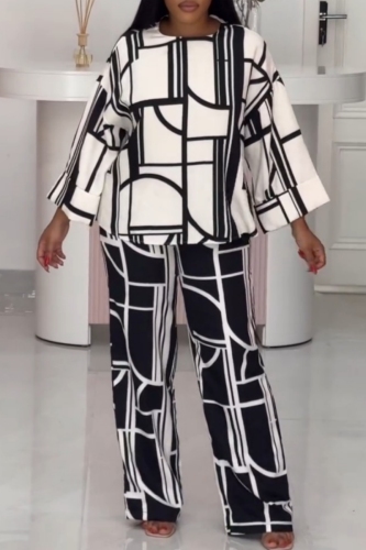 White Black Loose Abstarct Colorblock Print Round Neck Long Sleeve Tops and Straight Pants Two Pieces Sets