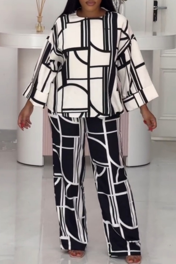 White Black Loose Abstarct Colorblock Print Round Neck Long Sleeve Tops and Straight Pants Two Pieces Sets
