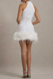White Textured Sequin Evening Party Gown Sleeveless Zipper Feather Hemline Halter Bodycon Glitter Prom Mini Dress