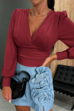 Khaki Casual Ruched V Neck Long Lantern Sleeve Tops Blouses Shirts