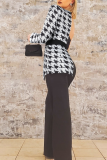 Black Party Club Casual Houndstooth Print Contrast Backless Irregular Halter Long SIngle Sleeve Wide Leg Jumpsuits