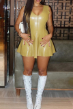 Khaki Night Club Sleeveless V Neck A Line PU Leather Mini Tank Dresses