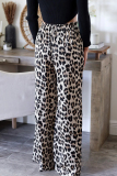 Casual Leopard Pocket Lace Up Loose High Waist Drawstring Wide Leg Pants Bottoms