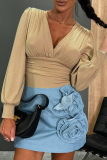 Khaki Casual Ruched V Neck Long Lantern Sleeve Tops Blouses Shirts