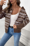 Brown Casual Colorblock Zipper Weave Contrast Turndown Collar Long Sleeve Fall Winter Knitted Fair Isle Sweater Jacket Coats
