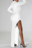 Apricot Hot Drilling See-Through Slit Turtleneck Long Sleeve Long High Slit Bodycon Glitter Prom Maxi Dress