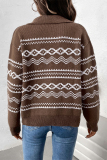 Brown Casual Colorblock Zipper Weave Contrast Turndown Collar Long Sleeve Fall Winter Knitted Fair Isle Sweater Jacket Coats