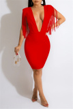 Black Formal Evening Party Sleeveless Backless Deep V Neck Fringed Shoulder Wrapped Skirt Bodycon Mini Dresses