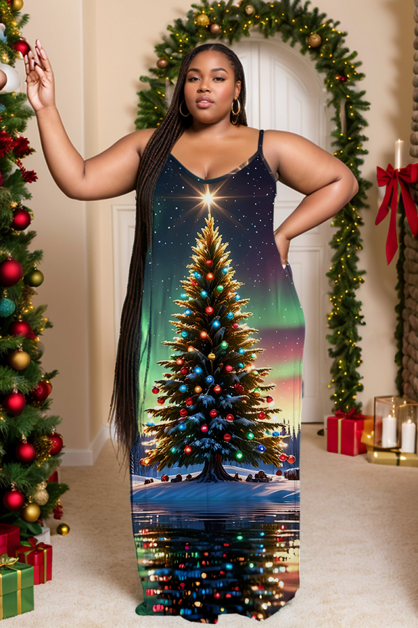 Multicolor Christmas Loose Sexy Casual Tree Snowflake Print Backless Spaghetti Strap Long Maxi Cami Slip Dresses