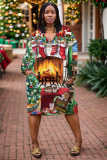 White Orange Santa Claus Christmas Tree Print Deep V Neck Long Sleeve Ankle Length Casual Outing Straight Loose Midi Dress with Pocket