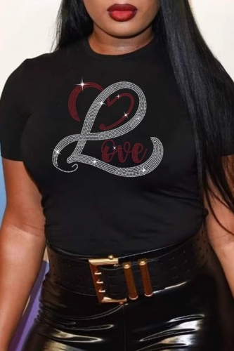 Black Hot Drilling Love Letter Print Round Neck Short Sleeve T-Shirts Tops