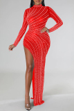 Apricot Hot Drilling See-Through Slit Turtleneck Long Sleeve Long High Slit Bodycon Glitter Prom Maxi Dress