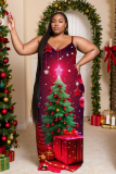 Multicolor Christmas Loose Sexy Casual Tree Snowflake Print Backless Spaghetti Strap Long Maxi Cami Slip Dresses