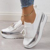White Casual Daily Fringed Trim Patchwork Contrast Round PU Slip-on Platform Sneakers Shoes