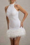 White Textured Sequin Evening Party Gown Sleeveless Zipper Feather Hemline Halter Bodycon Glitter Prom Mini Dress