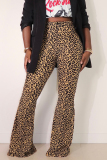 Brown Skinny Casual Leopard Print Elastic Mid Waist Speaker Flared Pants Bottoms