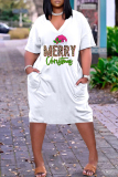 White Red Christmas Party Outfits Letter Print V Neck Long Sleeve Plus Size Straight Loose Midi Dress
