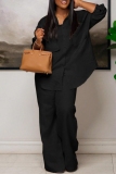 Black Loose Cotton And Linen Buttons Turndown Collar Long Sleeve Shirts And Wide Leg Pants Two Pieces Sets