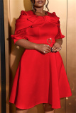 Red Formal Evening Party Prom Bow Decor O Neck Lantern Sleeve A Line Plus Size Pleated Midi Dresses