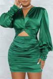 Blue Formal Office Casual V Neck Long Sleeve Hollow Out Wrapped Skirt Ruched Bodycon Mini Satin Dresses