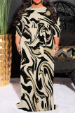 Beige Geometric Print Short Sleeve Scarf Collar Floor-Length Lace Up Loose Vacation Plus Size Maxi Dresses
