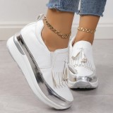 White Casual Daily Fringed Trim Patchwork Contrast Round PU Slip-on Platform Sneakers Shoes