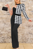 Black Party Club Casual Houndstooth Print Contrast Backless Irregular Halter Long SIngle Sleeve Wide Leg Jumpsuits