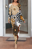 Navy Floral Print O Neck Long Sleeve Ankle Length Causal Outing Bodycon Maxi Dress