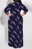 Beige Geometric Print Short Sleeve Scarf Collar Floor-Length Lace Up Loose Vacation Plus Size Maxi Dresses