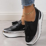 White Casual Daily Fringed Trim Patchwork Contrast Round PU Slip-on Platform Sneakers Shoes