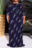 Beige Geometric Print Short Sleeve Scarf Collar Floor-Length Lace Up Loose Vacation Plus Size Maxi Dresses