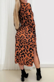 Brown Formal Office Casual Outing Leopard Print Half A Turtleneck Long Sleeve Lace Up Side Slit A Line Bodycon Maxi Dresses