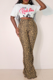 Brown Skinny Casual Leopard Print Elastic Mid Waist Speaker Flared Pants Bottoms