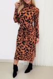 Brown Formal Office Casual Outing Leopard Print Half A Turtleneck Long Sleeve Lace Up Side Slit A Line Bodycon Maxi Dresses