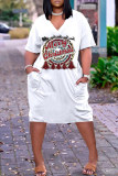 White Red Christmas Party Outfits Letter Print V Neck Long Sleeve Plus Size Straight Loose Midi Dress