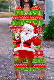 Red Pink Christmas Party Outfits Santa Claus Grinch Print V Neck Long Sleeve Plus Size Straight Loose Maxi Dress