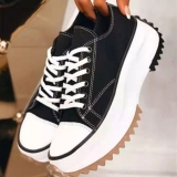 Black Casual Daily Patchwork Lace Up Belted Round Platform Canvas Sneaker Shoes