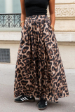 Casual Leopard Pocket Loose High Waist A-line Swing Long Skirts Bottoms