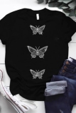 Black Hot Drilling Butterfly Print Round Neck Short Sleeve T-Shirts Tops