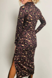Brown Formal Office Casual Outing Leopard Print Half A Turtleneck Long Sleeve Lace Up Side Slit A Line Bodycon Maxi Dresses