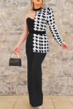 Black Party Club Casual Houndstooth Print Contrast Backless Irregular Halter Long SIngle Sleeve Wide Leg Jumpsuits