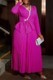 Rose Red Evening Party Gown Bow Decor Sequin V Neck Long Sleeve Pleated Prom Maxi Dresses
