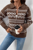 Brown Casual Colorblock Zipper Weave Contrast Turndown Collar Long Sleeve Fall Winter Knitted Fair Isle Sweater Jacket Coats