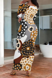 Navy Floral Print O Neck Long Sleeve Ankle Length Causal Outing Bodycon Maxi Dress