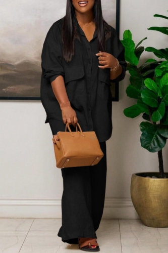 Black Loose Cotton And Linen Buttons Turndown Collar Long Sleeve Shirts And Wide Leg Pants Two Pieces Sets
