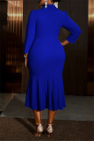 Blue Formal Evening Party Prom Wedding Guest Gown Turndown Collar Nine Points Sleeve Fishtail Hem Bodycon Maxi Dresses