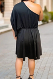 Black Casual Outing Backless Oblique Collar Single Sleeve A Line Plus Size Pleated Mini Dresses