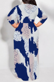 Beige Geometric Print Short Sleeve Scarf Collar Floor-Length Lace Up Loose Vacation Plus Size Maxi Dresses